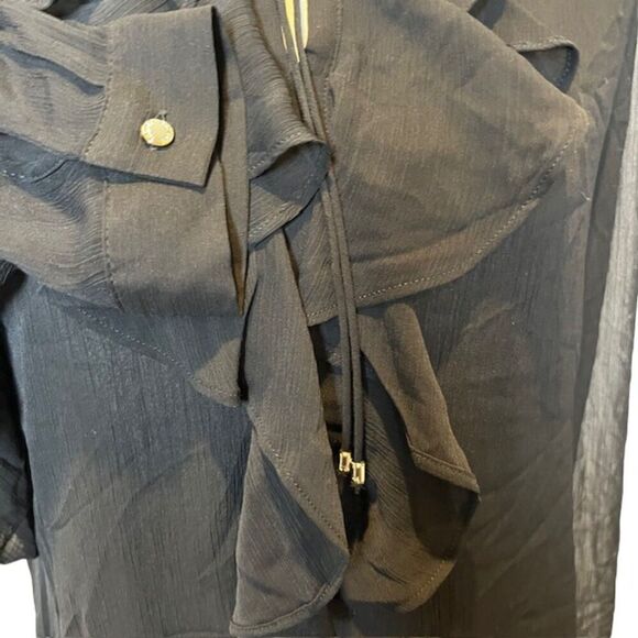 NWOT Tommy Hilfiger Black Ruffle Tie Front Sheer Sleeve Blouse Size Medium - Picture 2 of 9